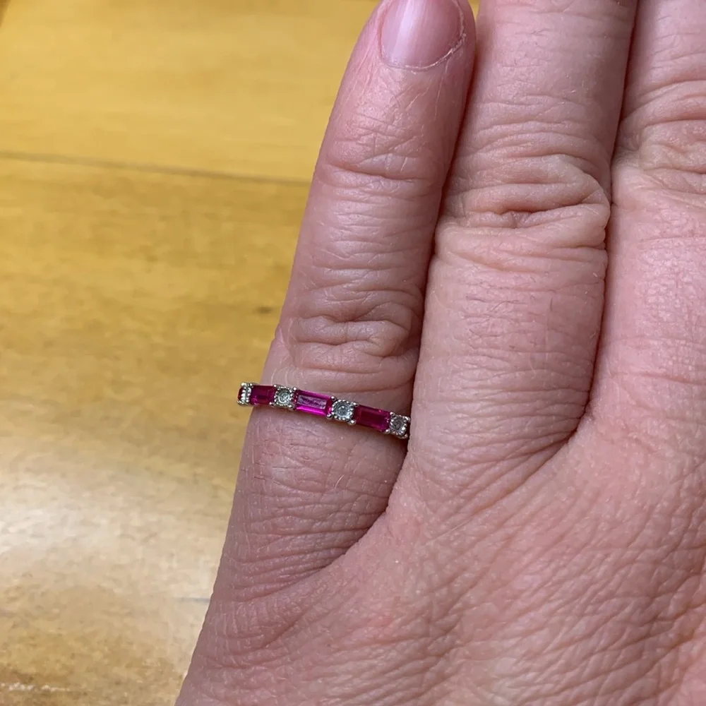 10kt White Gold Baguette Lab Ruby & Natural Diamond Band Ring Stacking Size 7 - Picture 9 of 15